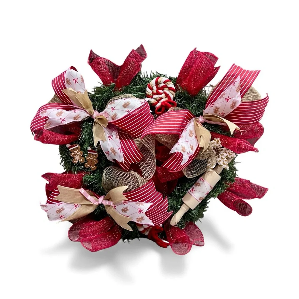 Festive Red and White Christmas Gingerbread‎ Wreath, 18 in Base